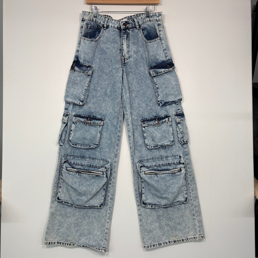 Gogo Jeans Womens Cargo Pants 13/31 Blue Acid Wash Wide Leg Multi-Pocket Utility
